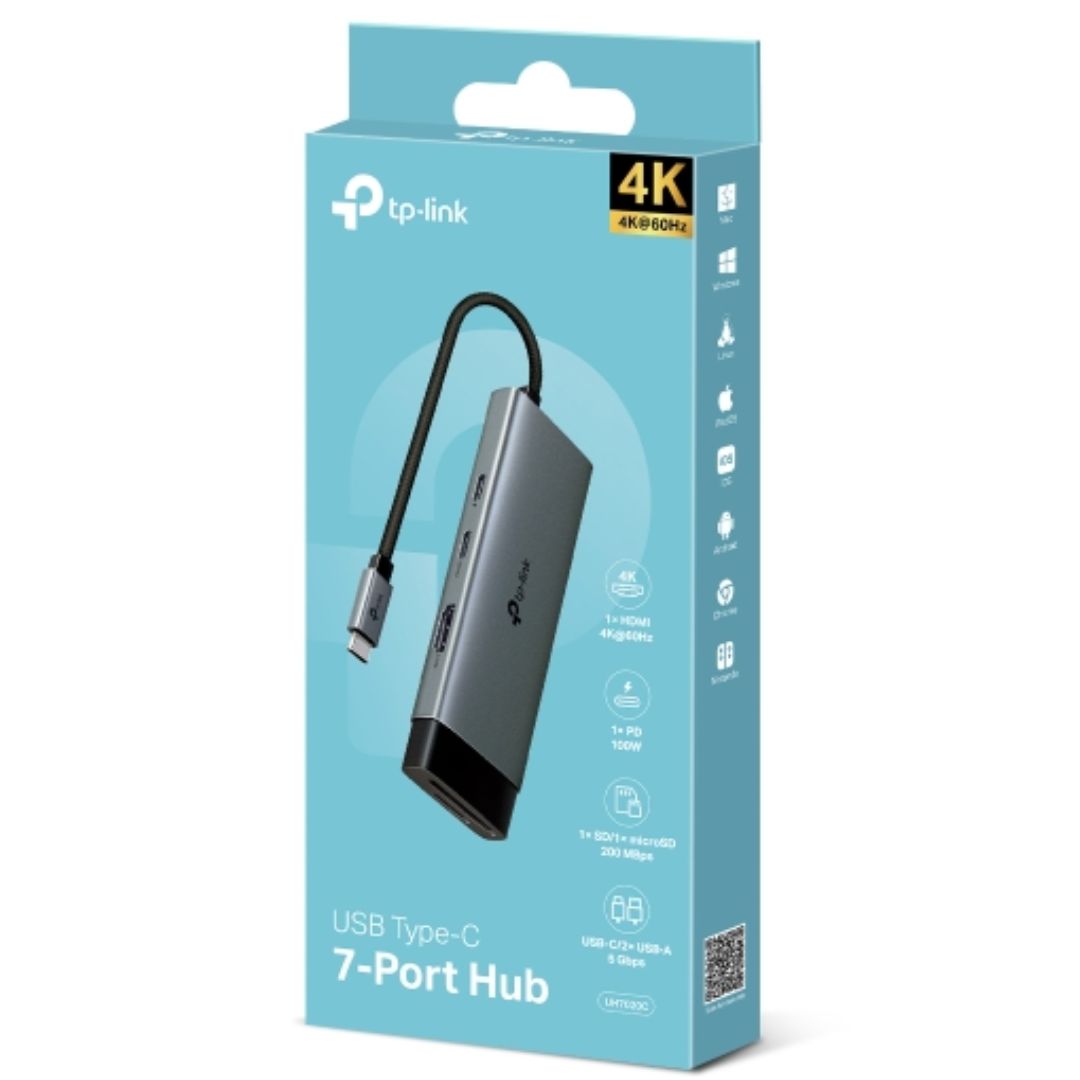 TP-Link UH7020C USB Type-C 7 in 1 Hub, 4K@60Hz HDMI, SD  microSD UHS-I, 100W Power Delivery, 1× USB-C Data Port, 2× USB-A Data Ports.