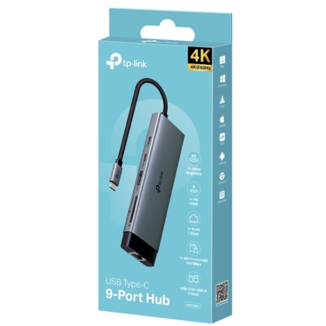 TP-Link UH9120C USB Type-C 9-Port Hub, 4K@60Hz HDMI, 1 Gbps ethernet, SD  microSD UHS-I, 100W Power Delivery, 1× USB-C Data Ports, 3× USB-A Data Port