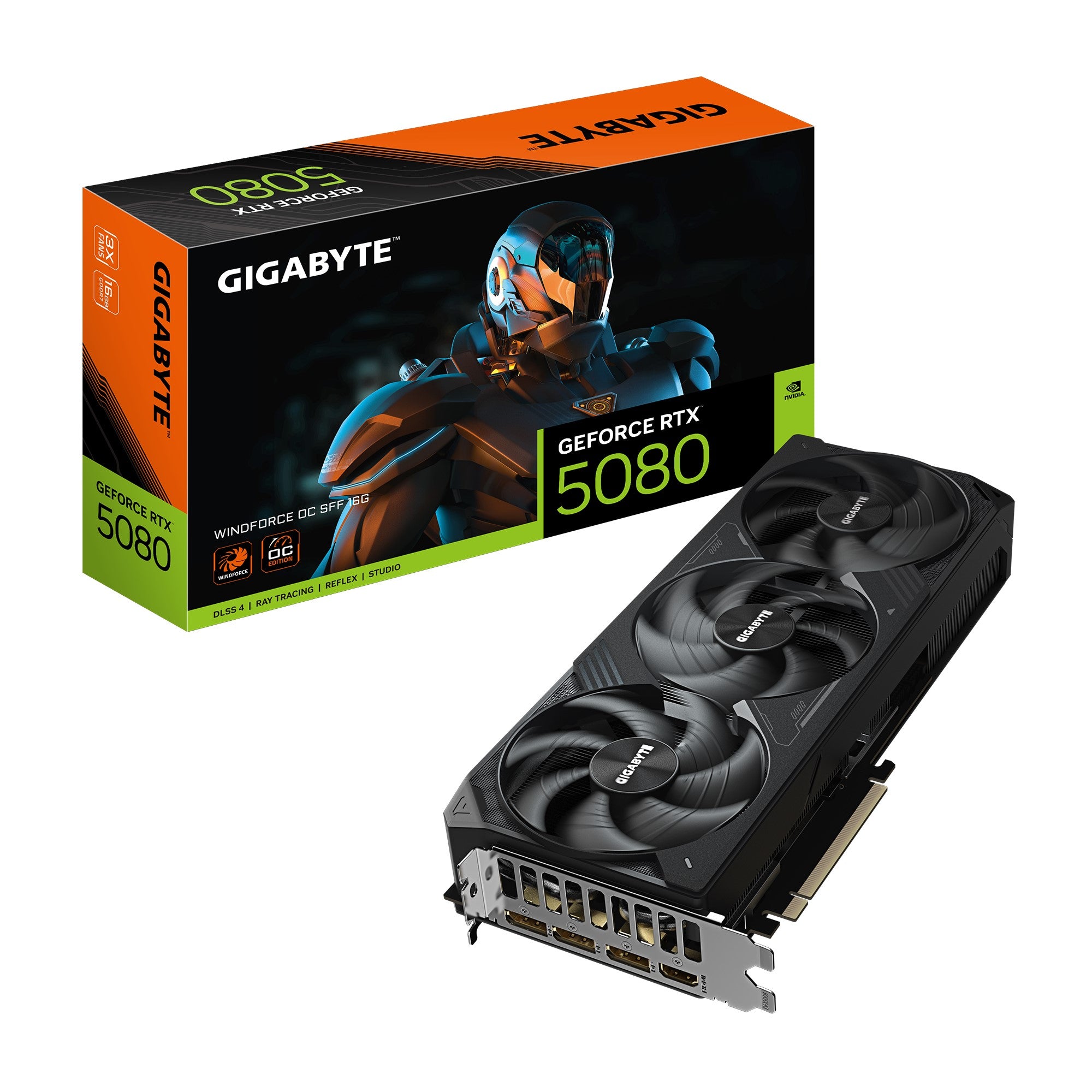 Gigabyte Gigabyte GeForce RTX™ 5080 WINDFORCE OC SFF 16G, 2670 MHz, CUDA 10752, GDDR7,  256 bit, PCI-E 5.0, PSU 850W, Display