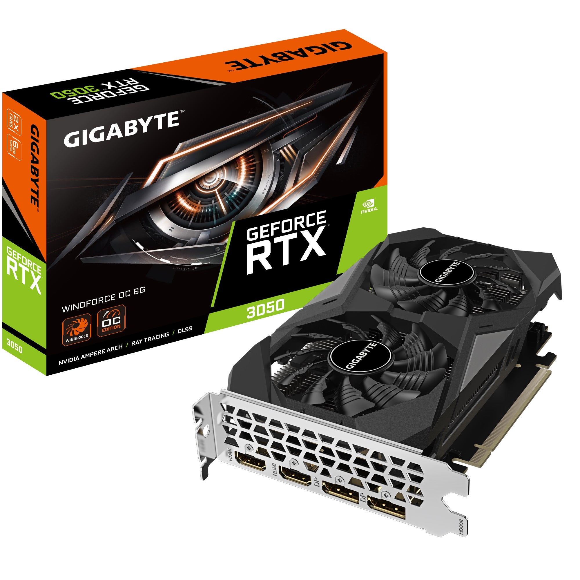 Gigabyte Gigabyte nVidia GeForce RTX™ 3050 WINDFORCE OC V2 6G, 1477 MHz, CUDA 2304, 14000 MHz, GDDR6, 96 bit, PCI-E 4.0, PSU 
