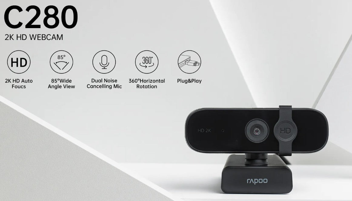 RAPOO C280 2K Webcam - Wide Angle Lens, Noise Canceling Mic, Plug  Play, Teams, Google Meet, Zoom, Does Not Support Windows Hello