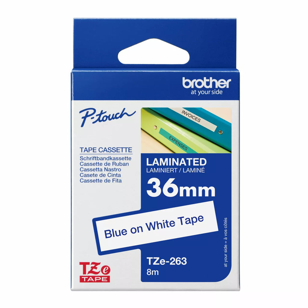 Brother TZe-263 blue on white laminated tape