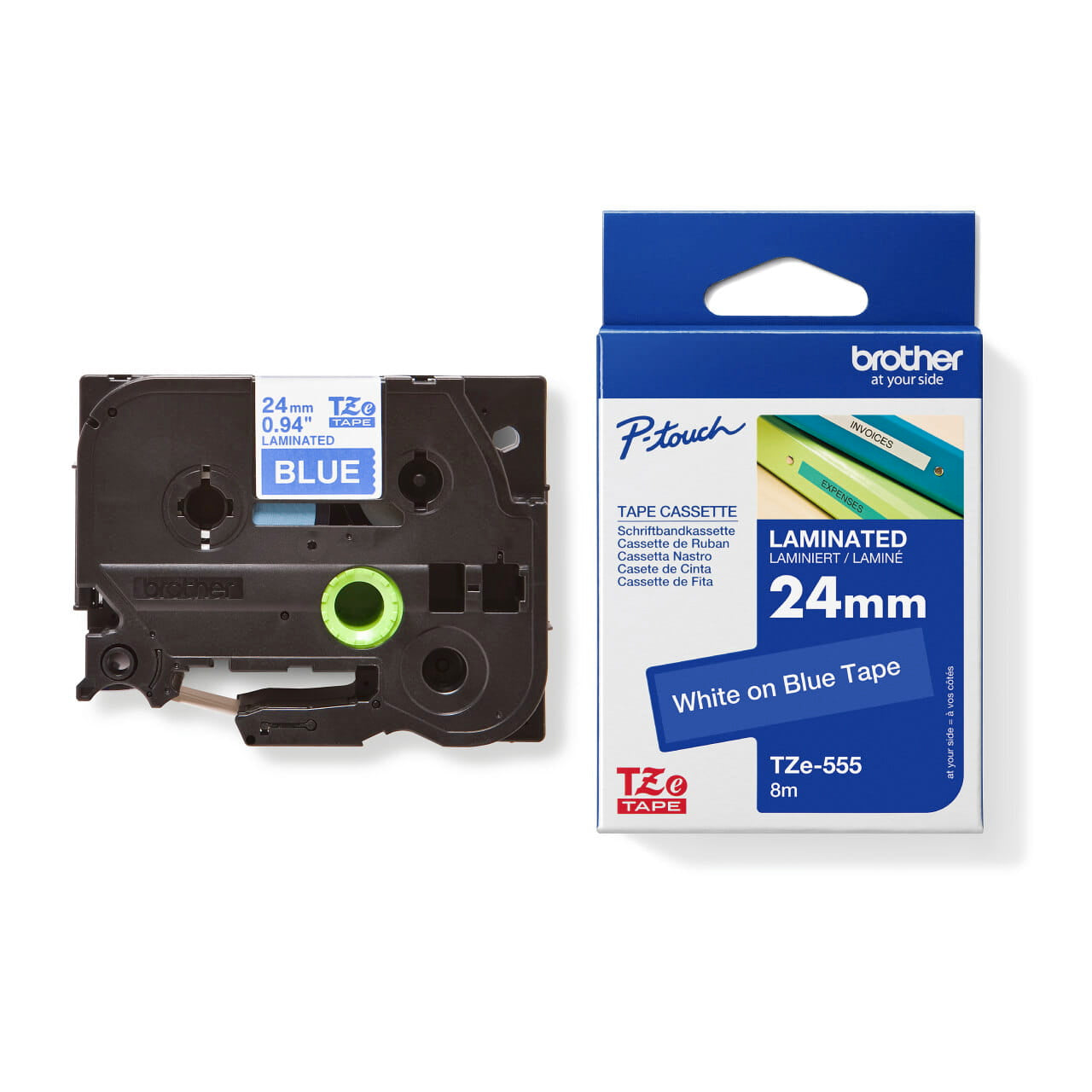Brother TZe-555 24mm white on blue laminated tape