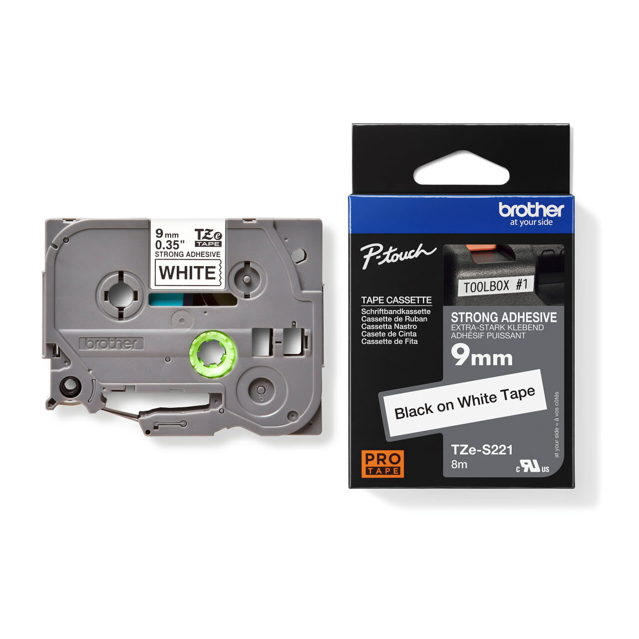 Brother TZe-S221 strong adhesive black on white laminated tape